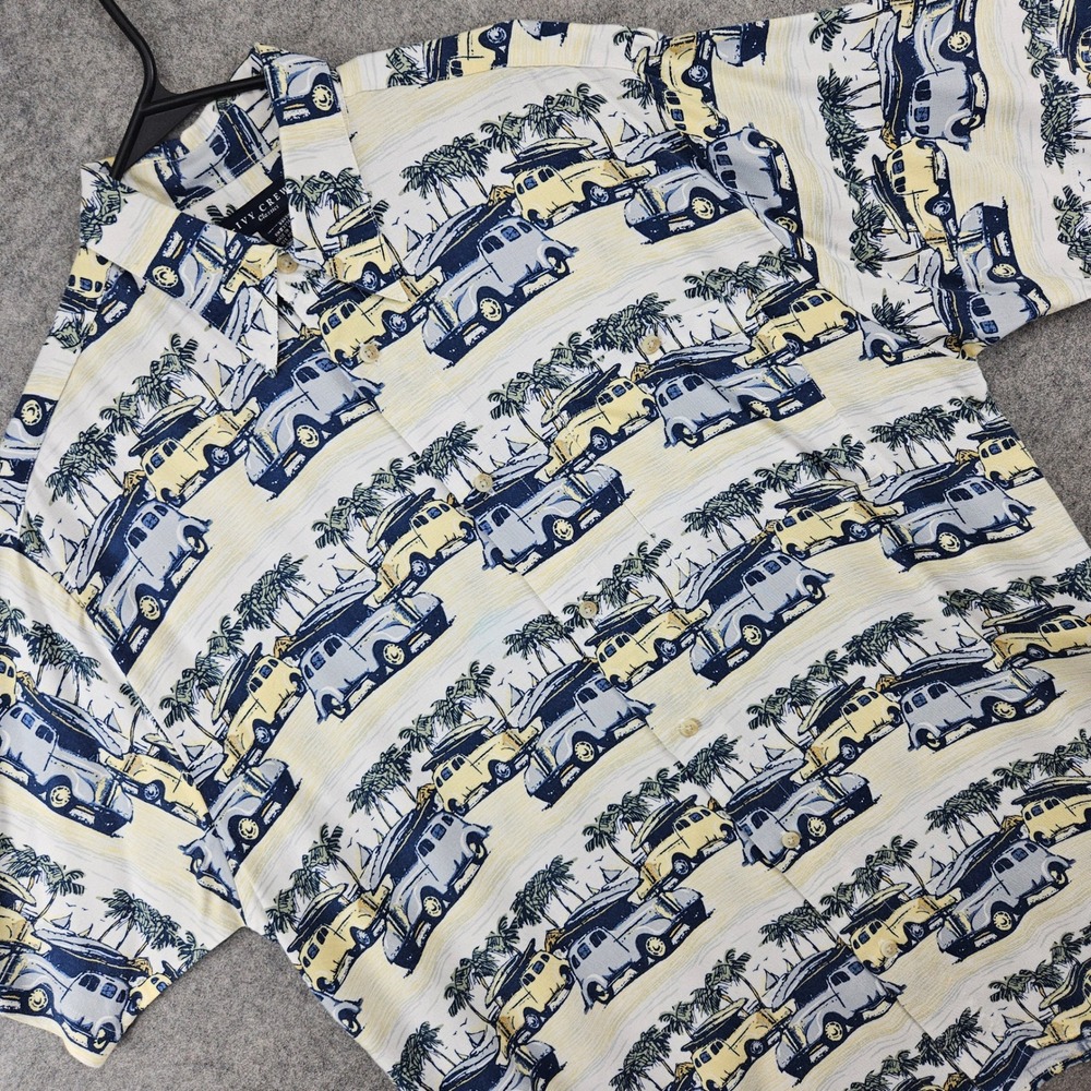 Ivy Crew Classics Shirt Men's Medium Cream Blue Rayon Surf Woody Wagon Aloha S/S